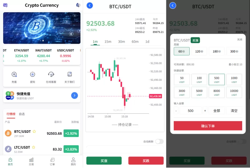 新UI海外微盘系统￥虚拟币秒合约￥多语言时间盘-海外源码商